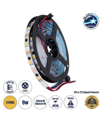 GLOBOSTAR® DIGIPRO 90598 Ψηφιακή Pixel Addressable Ταινία LED 9W-m 810lm-m 120° DC 12V IP20 30 x SMD5050 Chip-m 30 x Pixel-m Θερμό Λευκό 2700K Dimmable SPI-TTL Protocol IC TM1908 - Sanan SMD Chip - Μ500 x Π1 x Υ0.2cm - Ρολό 5 Μέτρων - 5 Χρόνια Εγγύηση